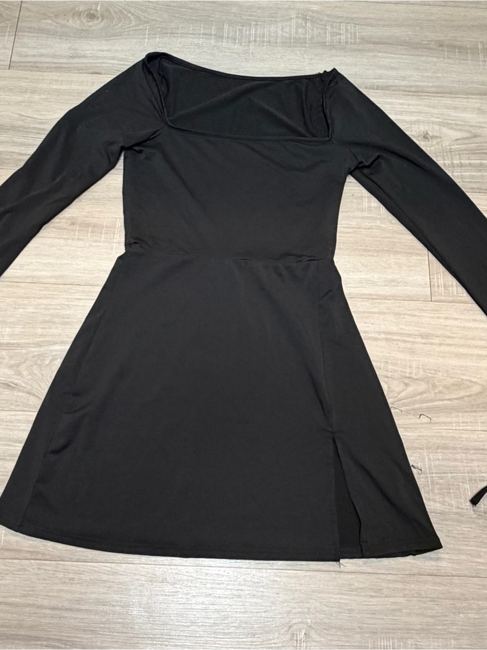 Black Long Sleeve Square Neck Skater Dress w/ Tie Sleeve Detail